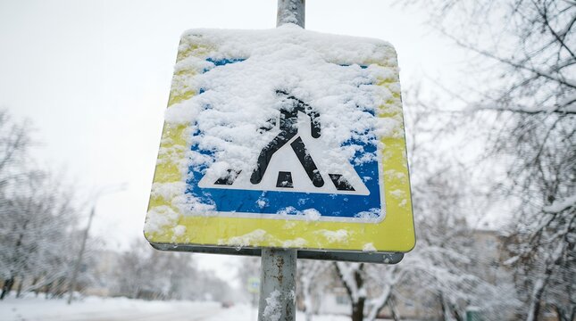 Snow-covered pedestrian crossing sign, winter road safety concept, yellow and blue traffic sign in blizzard