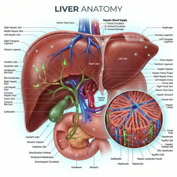 Detailed medical illustration showing human liver anatomy with labeled internal structures including blood vessels gallbladder and complex hepatic lobule tissue