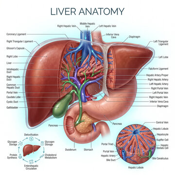 Detailed medical illustration showing human liver anatomy with labeled internal structures including blood vessels gallbladder pancreas and hepatic lobule cross section