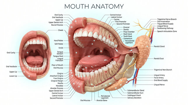 Detailed medical illustration showing human mouth anatomy with labeled parts including teeth tongue glands and nerves on white background