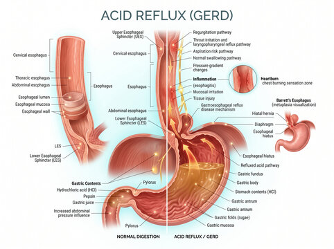 Detailed medical illustration showing human stomach anatomy and the pathological process of acid reflux with various labeled internal biological parts