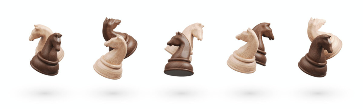 Wooden chess knight pieces in light and dark wood tones, isolated on white collage with black and white chess pieces. Set of floating knights. Chess background.