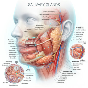 Detailed medical illustration showing the anatomy of human salivary glands with labels for educational purposes in a clear clinical style