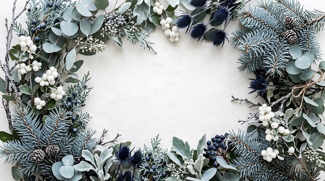 Winter holiday wreath composed of evergreen branches berries and eucalyptus leaves background