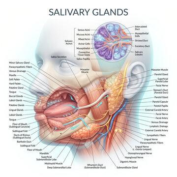 Detailed medical illustration showing the anatomy of human salivary glands with labels for educational study and scientific research purposes today