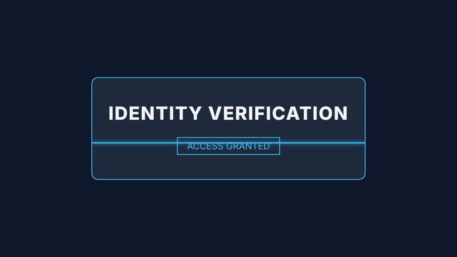 Identity verification interface, glowing blue access granted screen, futuristic cyberpunk background with neon lights, symbolizing security and authentication, seamless loop.