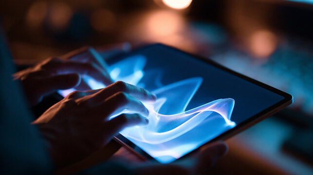 A pair of hands interacting with a tablet screen displaying a glowing blue sound wave ad social media download thambnail poster web template event festival 2026 2027 2028