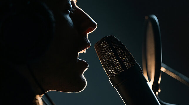 A silhouette of a person speaking into a studio microphone with a pop filter in a dark ad social media download thambnail poster web template event festival 2026 2027 2028