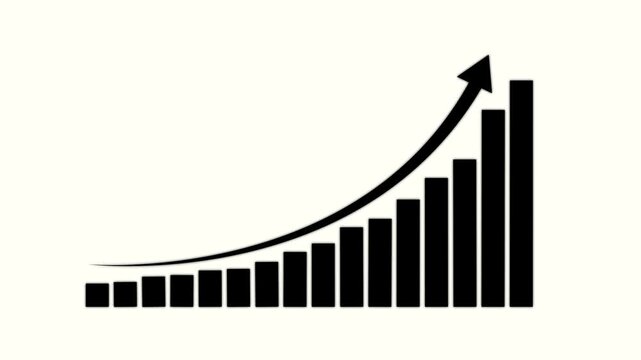 Bar chart growth icon with rising up arrow on white background. Simple clean financial progress, busine motion graphic of height and a left-pointing arrow indicating..