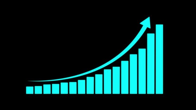 Bar chart growth icon with rising up arrow on black background. Simple clean financial progress, busine motion graphic of height and a left-pointing arrow indicating..