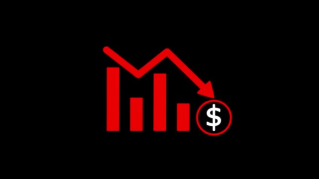 Business loss falling down with dollar icon, black background. financial graph chart. Financial crisis and dollar loss diagram with downfall arrow. motion graphic video..