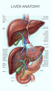 Detailed medical illustration showing the complex anatomy of the human liver with labeled parts and associated internal digestive system organs
