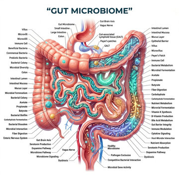 Detailed medical illustration showing the complex human gut microbiome with labeled anatomical structures and beneficial bacterial colonies for scientific education