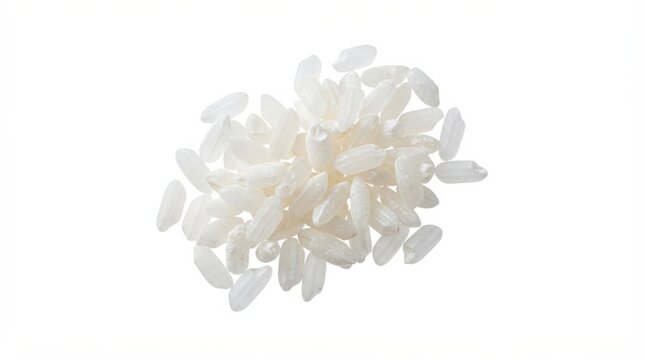 Rice grains suspended in air against plain background