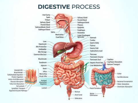 Detailed medical illustration showing the human digestive system process with anatomical labels for educational study and scientific research purposes today