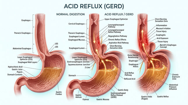Medical illustration showing the anatomical comparison between normal human digestion and the pathological process of acid reflux and esophageal disease