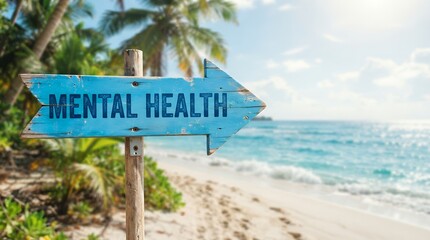 Fototapeta premium Mental health direction sign on a tropical beach, rustic wooden arrow pointing to wellness, self care concept on sunny coast