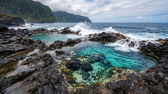 Ocean waves crashing into a beautiful natural rock pool on a rocky coastline at sunset