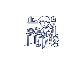 Fototapeta premium Young boy drawing at a desk with school supplies.