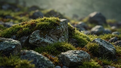 Fototapeta premium Creative composition of moss growing on rocks - Generative AI