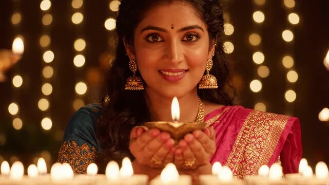Beautiful indian woman holding a lit diya lamp in her hands during diwali festival celebration