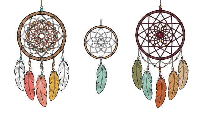Three intricate decorative dreamcatcher vector illustrations featuring colorful hanging feathers and detailed hand drawn geometric patterns