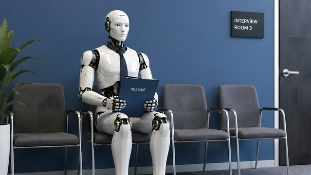 White male cyborg waiting for a interview 3D rendering, Man and AI robot waiting for a job interview.
