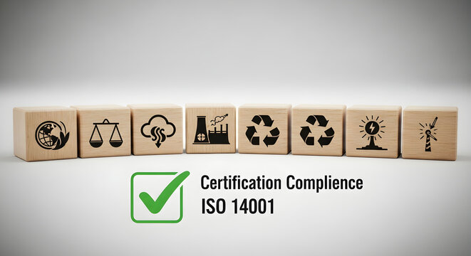 Conceptual wooden blocks showcasing environmental sustainability and regulatory compliance icons for corporate environmental management systems