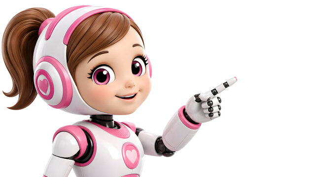 White kid girl cyborg pointing his finger 3D rendering. ai robot girl pointing his finger, isolated on white background