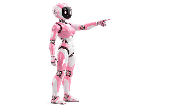 White female cyborg pointing his finger 3D rendering, ai robot girl pointing his finger, isolated on white background.