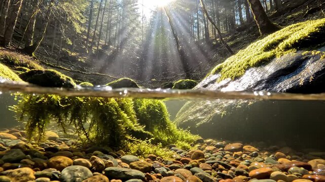 Forest Stream Split Underwater Shot with Sunbeams through Mossy Trees and Rocks