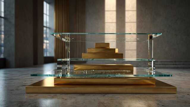 Creative composition of gold and glass cake stand on marble table - Generative AI