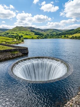 Spectacular Plughole Spillway at Ladybower Reservoir in Peak District National Park.