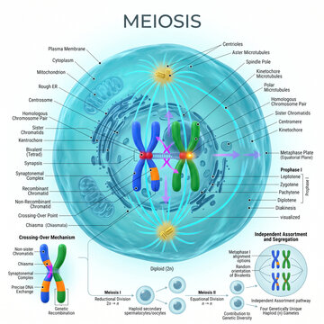 Detailed biological diagram illustrating meiosis stages showing homologous chromosome alignment and genetic recombination processes inside a blue colored eukaryotic cell model