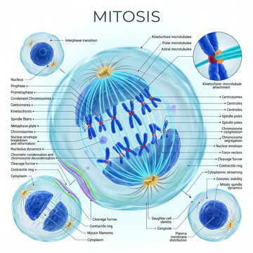 Detailed biological diagram illustrating stages of mitosis cell division featuring labeled chromosomes spindles centrioles and various cellular structures for education