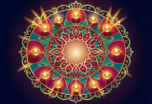Diwali festival glowing diya oil lamps and rangoli mandala on dark indigo, festive illustration