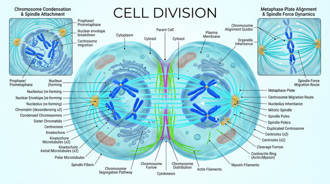 Detailed biological diagram showing cellular mitosis and cytokinesis stages with labeled components including chromosomes centrioles and complex spindle fiber mechanics