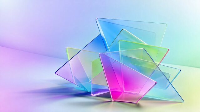 Geometric semi-transparent polygons refracting soft lime green, sky blue, and magenta. Drop shadows creating 3D depth in Microsoft Edge browser UI wallpaper style