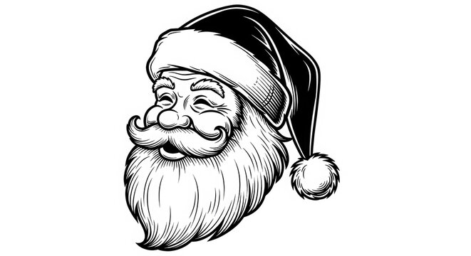 Black and white sketch illustration of a jolly Santa Claus head isolated on transparent background