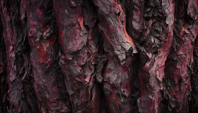 Thin peeling fibrous ribbons and twisted organic patterns of yew tree. Deep reddish-purple, rich burgundy, and ash grey tones. Moody forest atmosphere with sharp detail