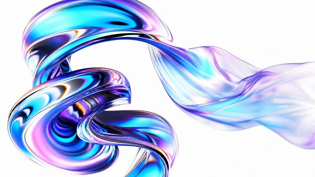 Kinetic spiral crafted from polished liquid chrome and iridescent silk in cyan and electric violet neon light. Minimalist pure white background with Microsoft wallpaper aesthetic
