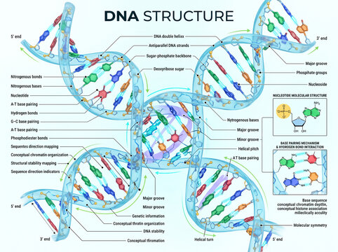 Detailed dna double helix infographic showing molecular structure with colorful bases and labels explaining biological connections for educational scientific purposes