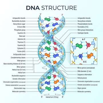 Detailed dna structure illustration showing colorful molecular double helix strands with scientific labels for educational biology research and genetics study