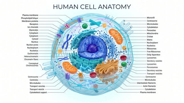 Detailed human cell anatomy diagram showing organelles like nucleus mitochondria and golgi apparatus with labels on a clean white background
