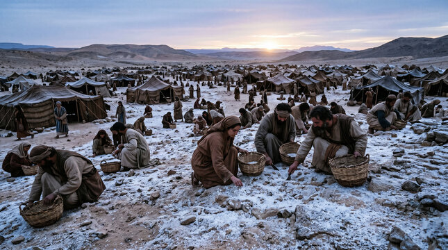The Israelites gathering Manna, the miraculous bread from heaven, off the desert floor at the break of dawn