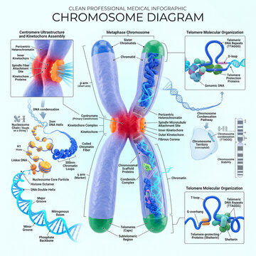 Detailed medical infographic displaying human chromosome structure with chromatids centromere and telomere sections labeled in a clean scientific digital design