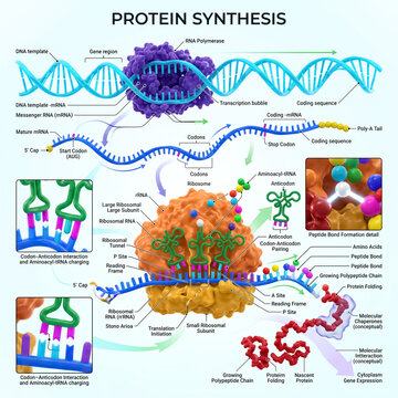 Detailed protein synthesis diagram displaying transcription and translation processes with molecular structures of dna mrna ribosome and complex cellular protein chains
