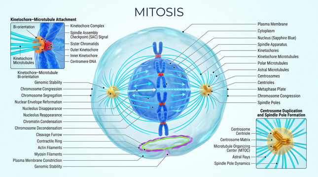 Detailed scientific diagram illustrating the complex process of mitosis showing chromosomes and spindle fibers within a biological eukaryotic cell structure