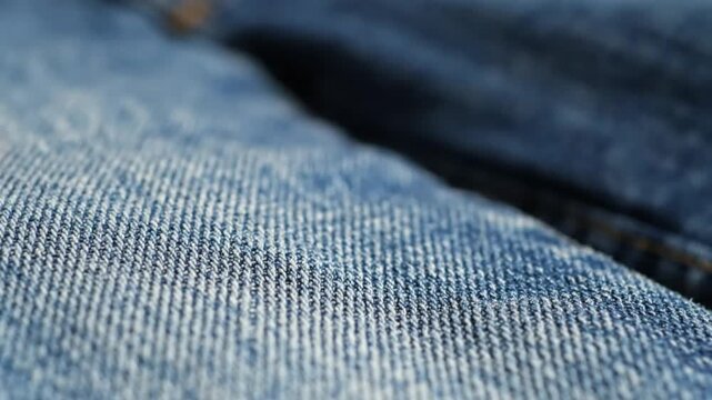 Close up view of blue denim jeans texture showing details of fabric and sound of rubbing and moving material