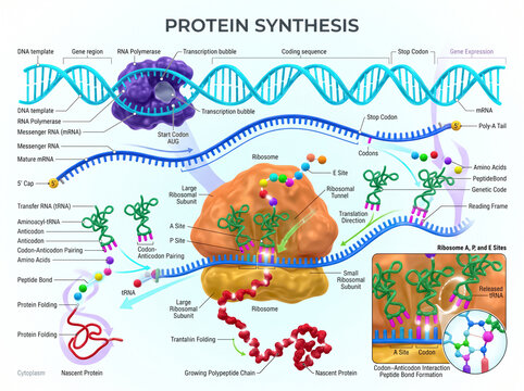 Detailed scientific illustration showing protein synthesis process with dna transcription and messenger rna translation inside a living eukaryotic cell environment